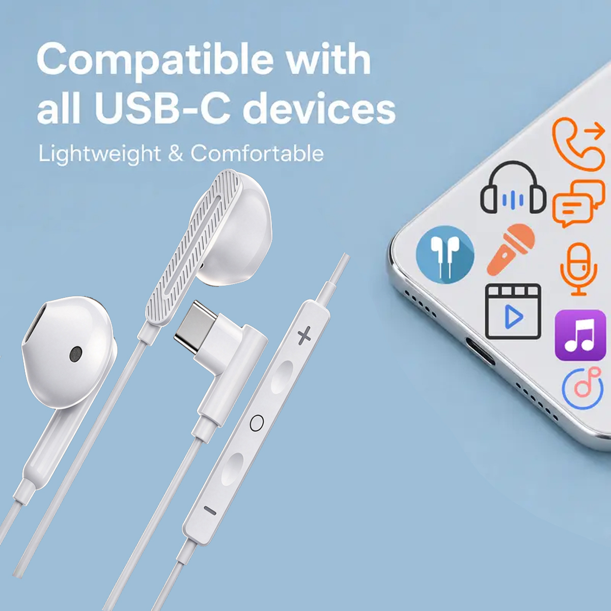 Type C Wired Earphones With Mic - 1 Pack USB-C Wired Earphones, HiFi
